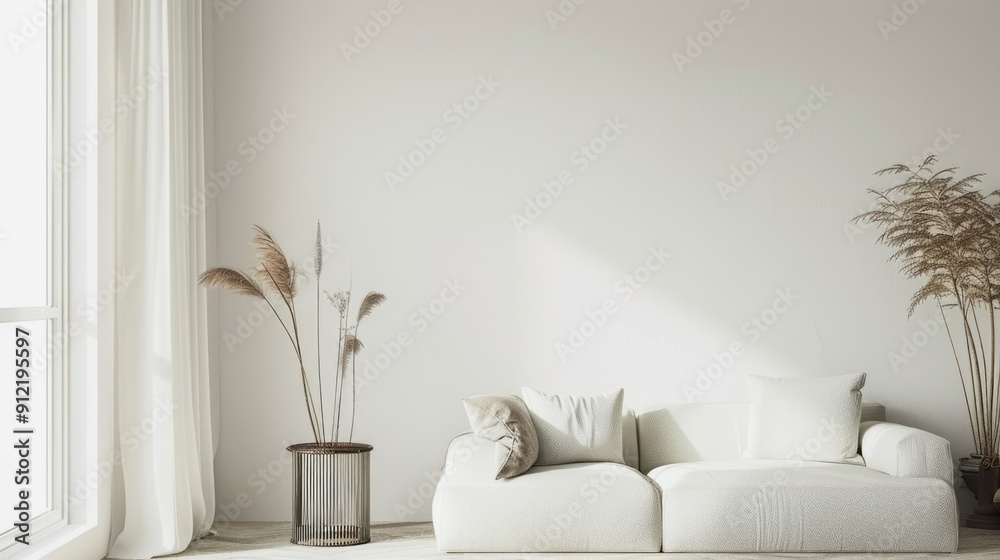 Minimalist living room with modern design elements, featuring a white couch and contemporary furnishings. Minimalist living room with modern design elements, featuring a white couch and contemporary furnishings.