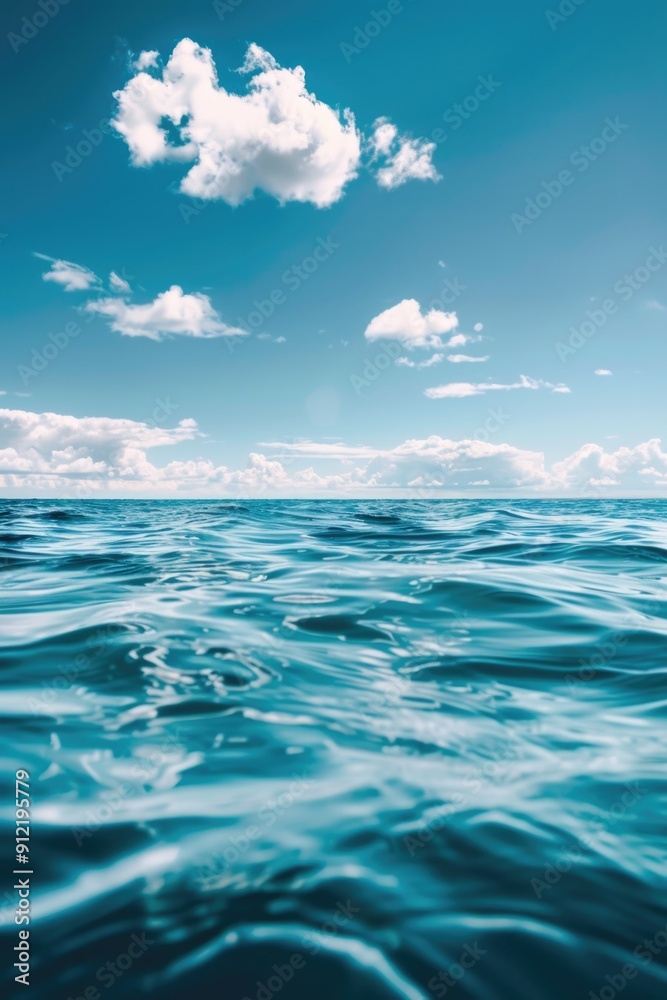 Fototapeta premium Calm ocean waters under a blue sky with puffy clouds.