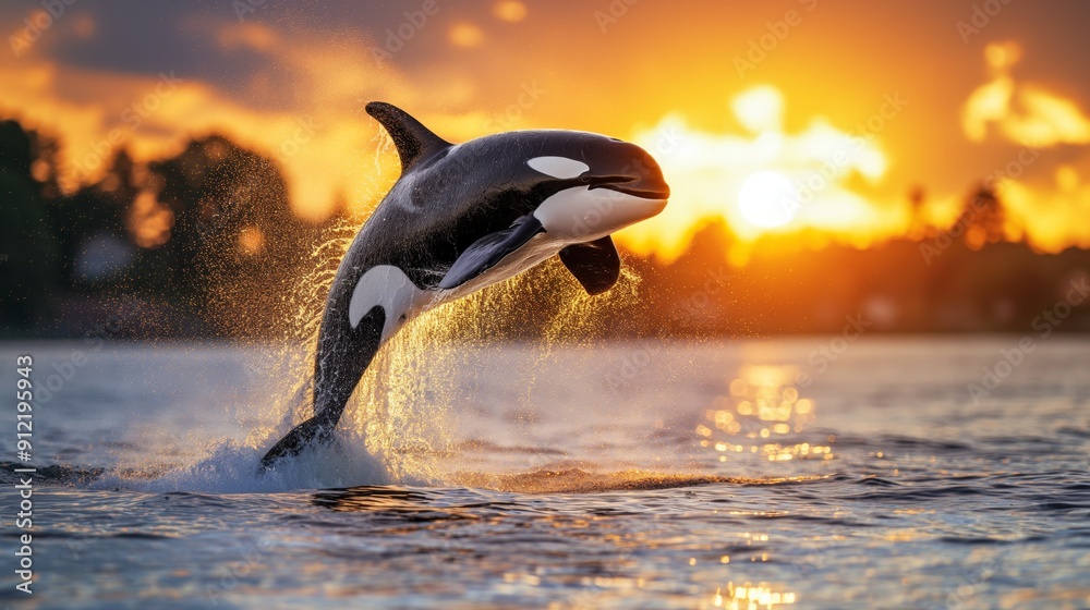 Obraz premium An orca leaps majestically against a stunning sunset, splashing water droplets that catch the last golden rays of the day.