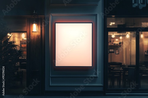 A blank advertising display stands outside a cozy restaurant, illuminated by warm lights that create a welcoming atmosphere