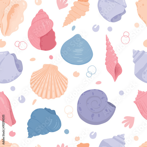Seashell seamless pattern. Tropical and nautical elements. Ocean underwater conch or mollusk textile print. Exotic marine scallops, aquatic seafood and shellfish fabric vector illustration