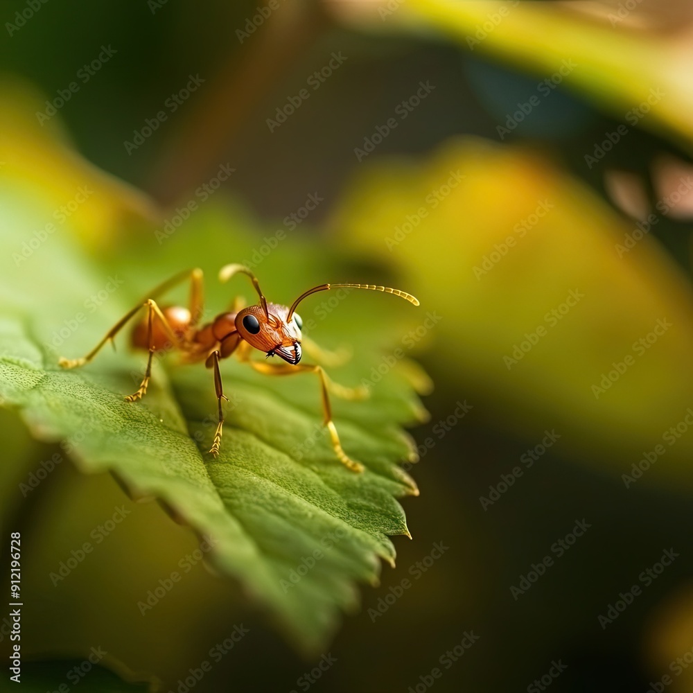 Naklejka premium Red Ant Perched on a Green Leaf
