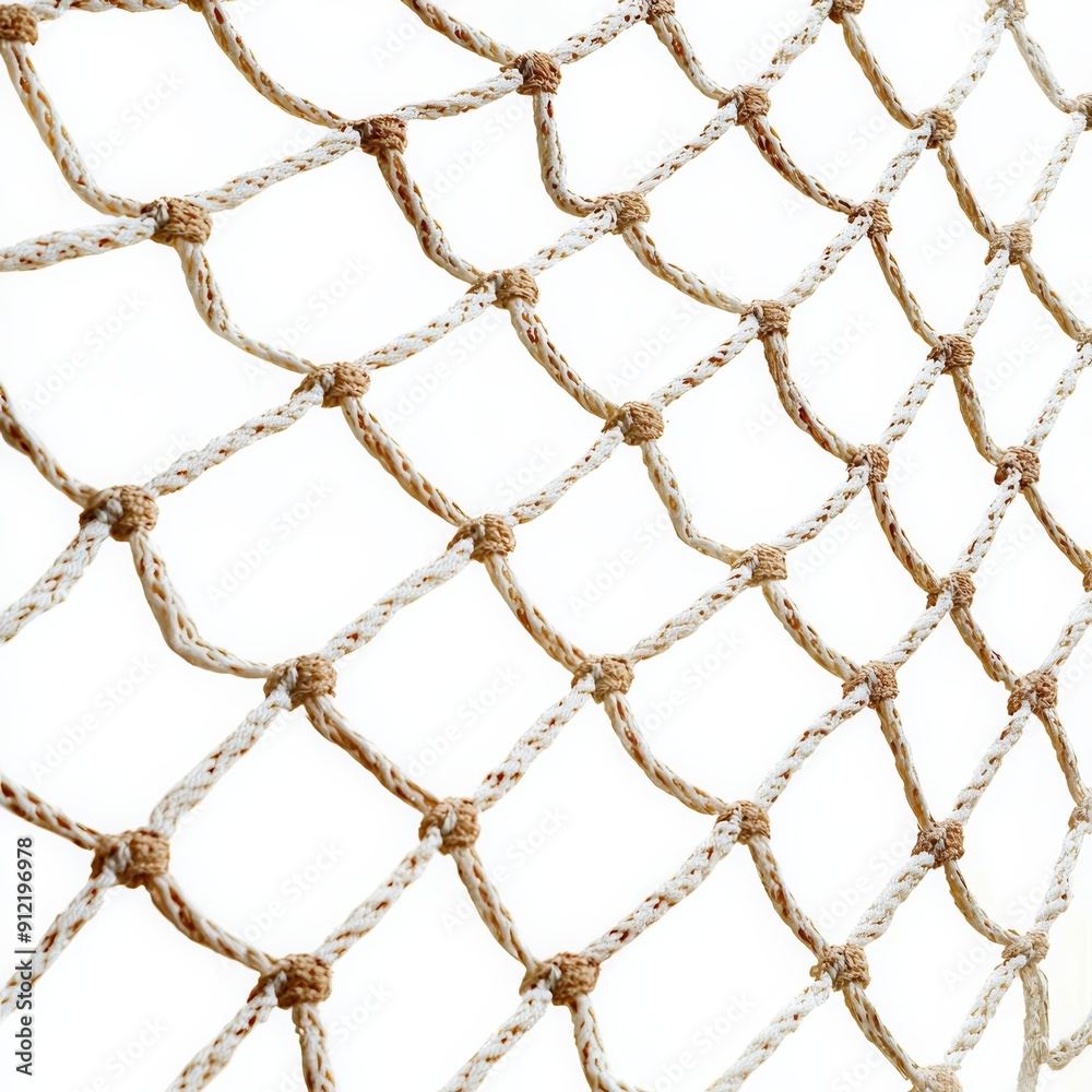 Fototapeta premium Close-up of a sturdy rope net with a white background, ideal for outdoor activities and sports, showcasing the intricate knots and design.