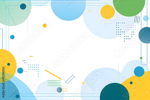 Abstract geometric background with circles and lines in blue, yellow, green.