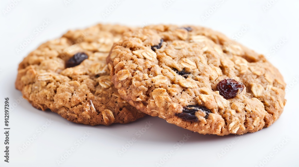 Oatmeal raisin cookie with a chewy texture, closeup, against a white background Oatmeal raisin cookie with a chewy texture, closeup, against a white background