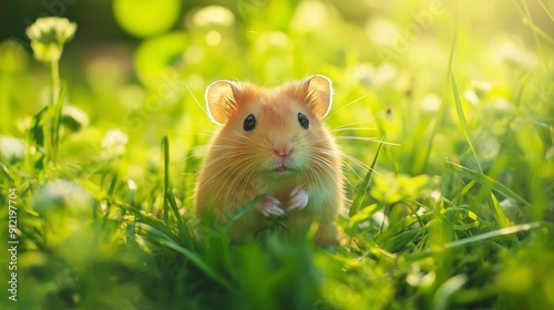 Charming hamster enjoying the greenery of a sunny meadow, perfect for animal lovers and nature enthusiasts.