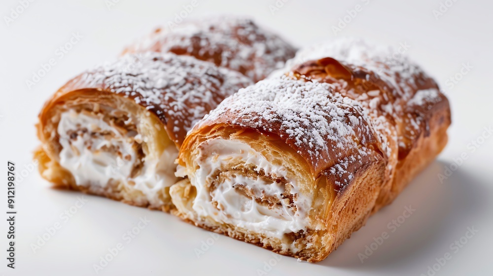 Vanilla almond Swiss roll with a sweet almond cream filling, closeup, against a white background Vanilla almond Swiss roll with a sweet almond cream filling, closeup, against a white background