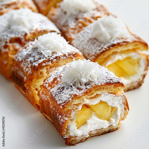 Tropical Swiss roll with pineapple and coconut filling, isolated on white, refreshing and delicious photo