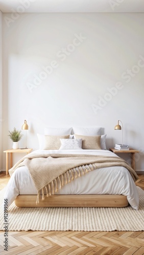 A minimalist bedroom features a low-profile bed with white bedding and an assortment of pillows. 