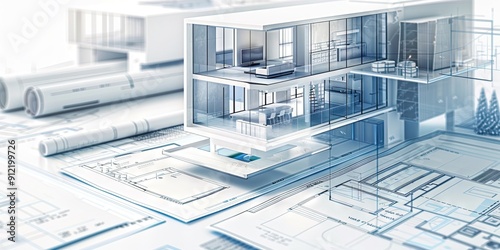  architectural elements and 3D renderings, sleek modern architectural designs, blueprints, 