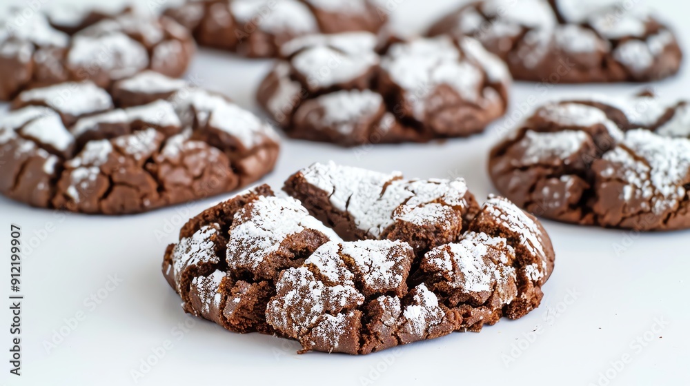 Chocolate crinkle cookie with a powdered sugar coating, isolated on white, rich and delicious Chocolate crinkle cookie with a powdered sugar coating, isolated on white, rich and delicious