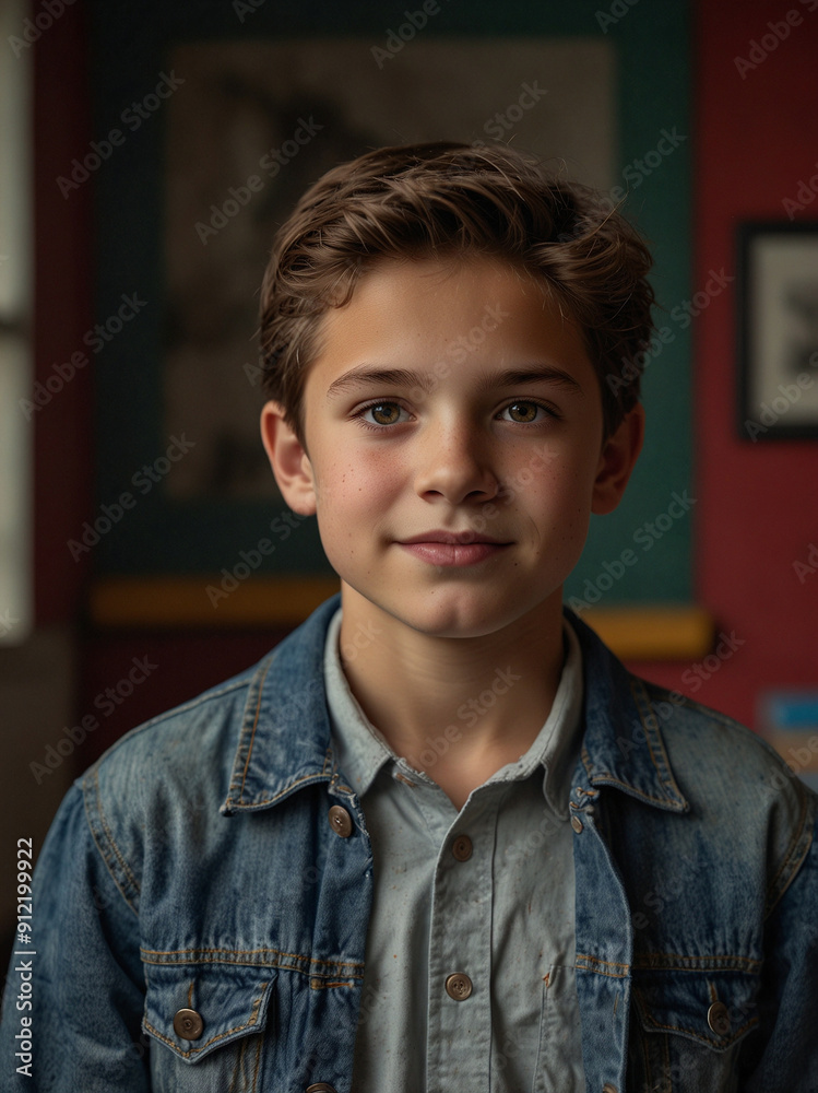 Young Student Smiling in Classroom with Chalkboard in Background Young Student Smiling in Classroom with Chalkboard in Background