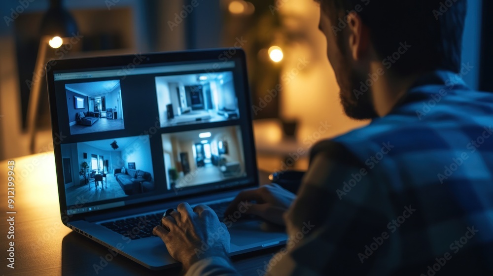 Man Monitoring Security Cameras on Laptop Man Monitoring Security Cameras on Laptop
