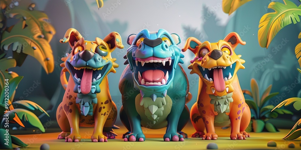 pack of wild hellhounds - colorful, happy, friendly, 3d cartoon, pack of wild hellhounds - colorful, happy, friendly, 3d cartoon,