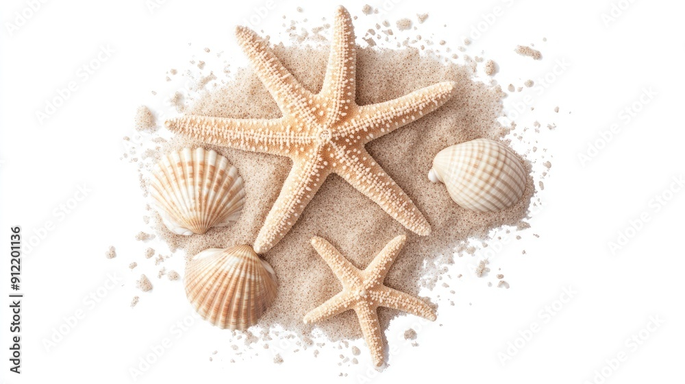 Seashells and Starfish on Sandy Beach Seashells and Starfish on Sandy Beach