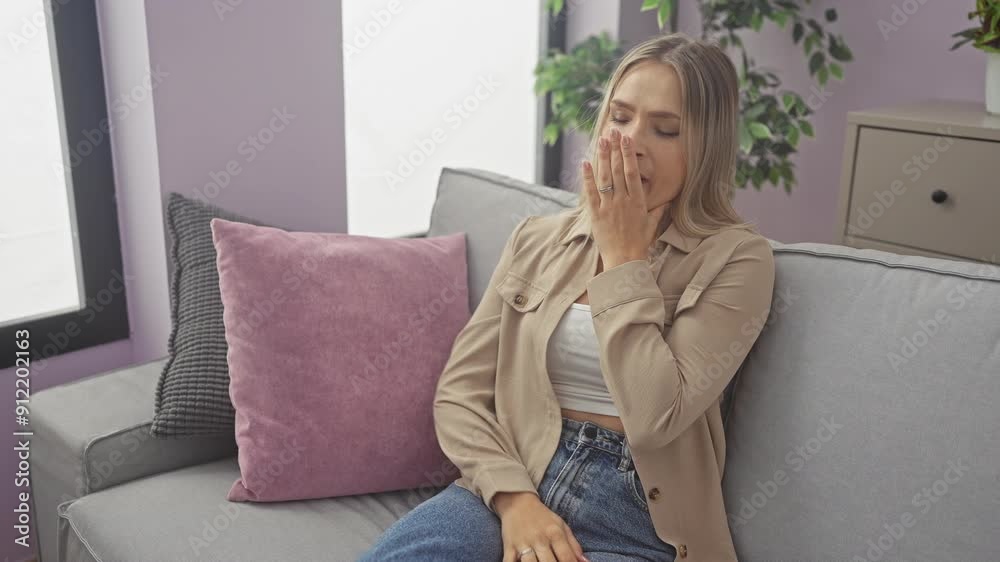 Young blonde woman sitting on sofa bored yawning tired covering mouth with hand. restless and sleepiness. at home Young blonde woman sitting on sofa bored yawning tired covering mouth with hand. restless and sleepiness. at home