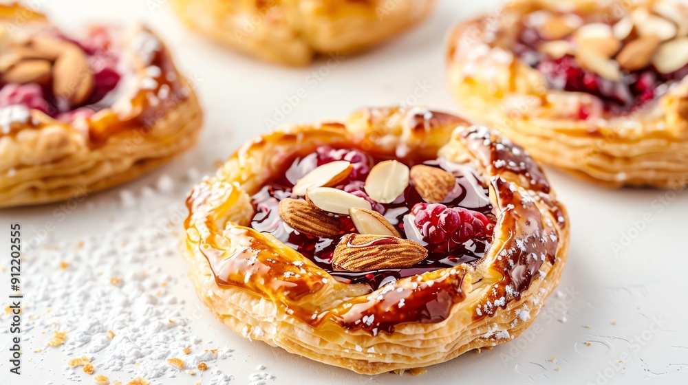 Danish pastry with a raspberry and almond topping, isolated on white, nutty and fruity Danish pastry with a raspberry and almond topping, isolated on white, nutty and fruity