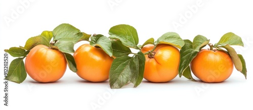 Four Persimmons with Leaves on White Background