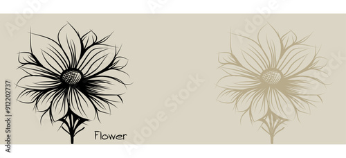 flower sketches Abstract background vector. greeting card or wallpaper with gray tone leaf, flower and glitter. horizontal,image copy space,Minimal Design for text, packaging, prints, wall decoration.