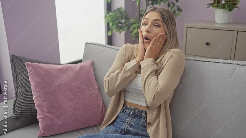 Young blonde woman sitting on sofa afraid and shocked, surprise and amazed expression with hands on face at home Young blonde woman sitting on sofa afraid and shocked, surprise and amazed expression with hands on face at home
