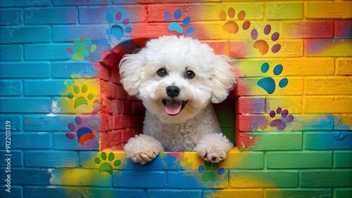 Bichon Frise Breakout: A Wall of Whimsy  Generative AI photo