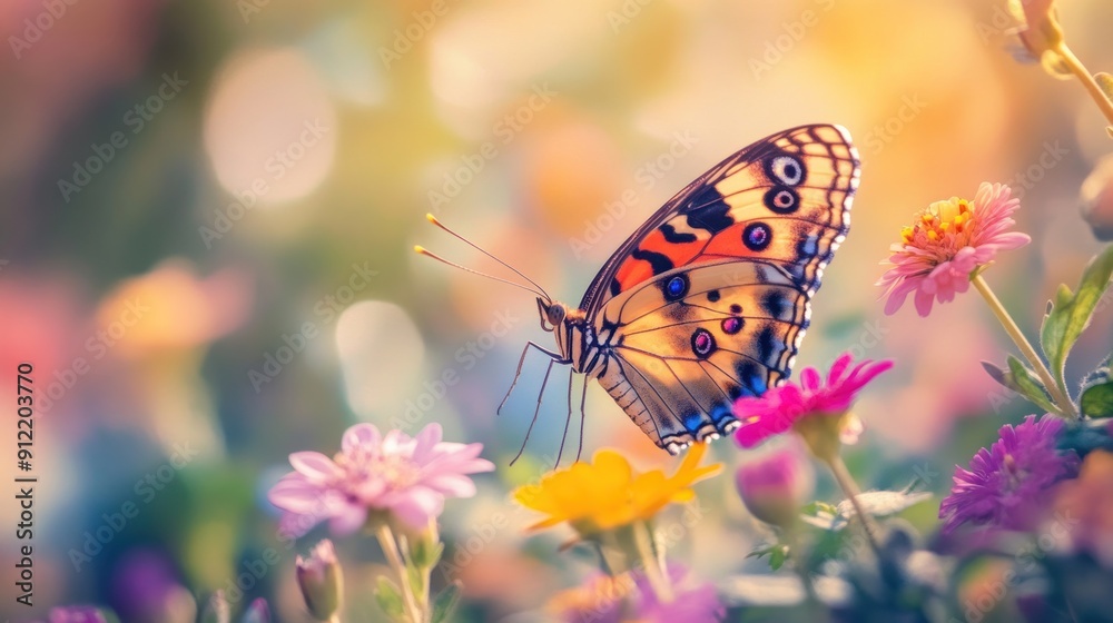 Butterfly on a bed of Colorful Flowers Butterfly on a bed of Colorful Flowers