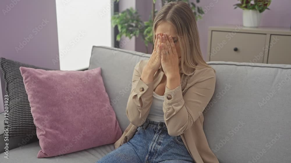 Young blonde woman sitting on sofa crazy and mad shouting and yelling with aggressive expression and arms raised. frustration concept. at home Young blonde woman sitting on sofa crazy and mad shouting and yelling with aggressive expression and arms raised. frustration concept. at home