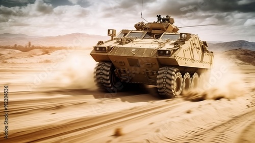 Military vehicle in the desert. Motion blur effec