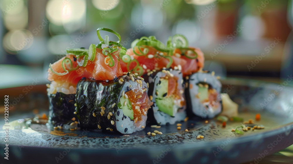 Explore the fusion of flavors in sushi rolls wrapped in black and green nori seaweed, featuring a tantalizing mix of crab meat, creamy avocado, and spicy tuna Explore the fusion of flavors in sushi rolls wrapped in black and green nori seaweed, featuring a tantalizing mix of crab meat, creamy avocado, and spicy tuna