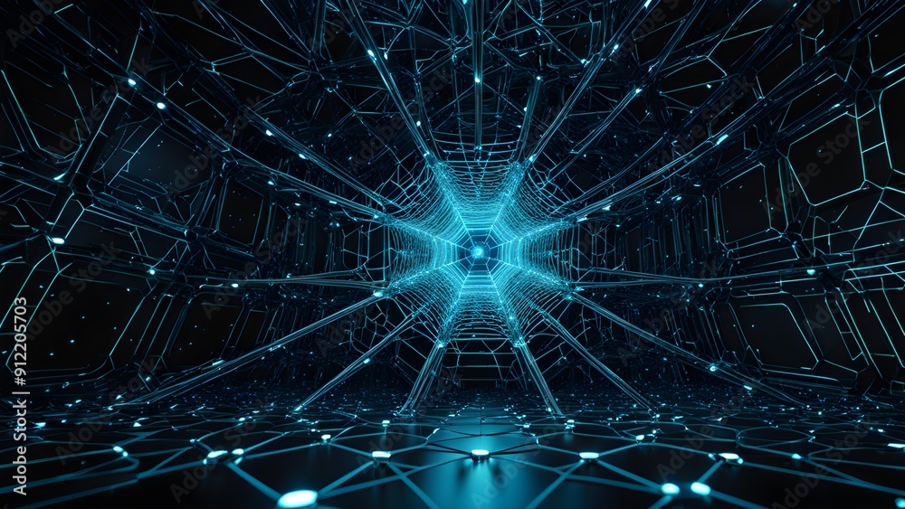 Obraz premium A computer generated image of a large, blue, lighted room with a large