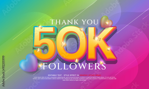 Gradient vector text effect 50k social media followers and subscribers thank you post design