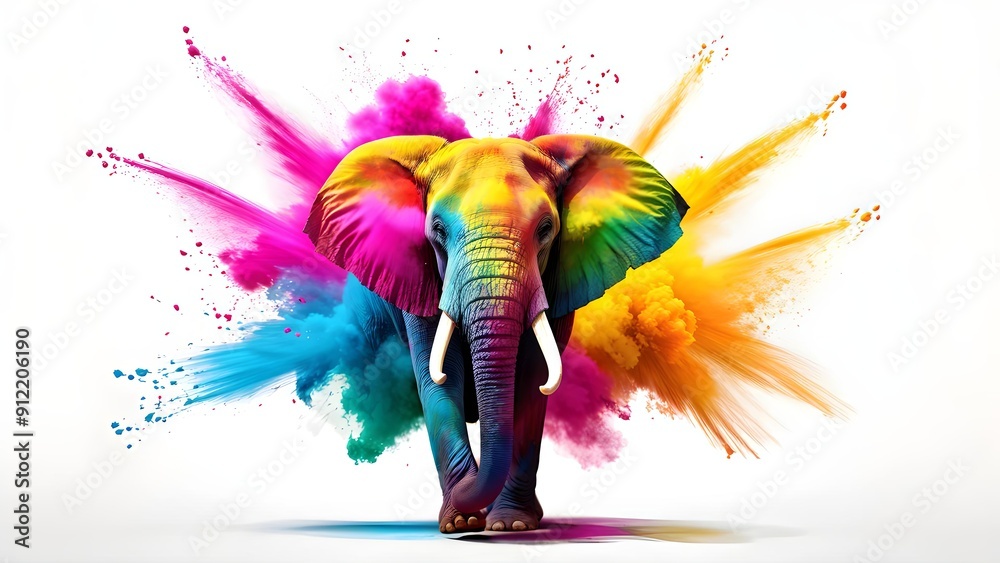 Fototapeta premium Colorful abstract elephant with vibrant splashes against white background, symbolizing creativity. Generative AI