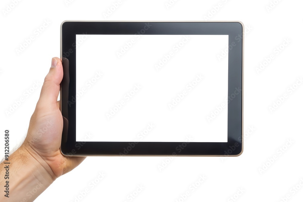 human hand holding black tablet with blank display, isolated on white human hand holding black tablet with blank display, isolated on white