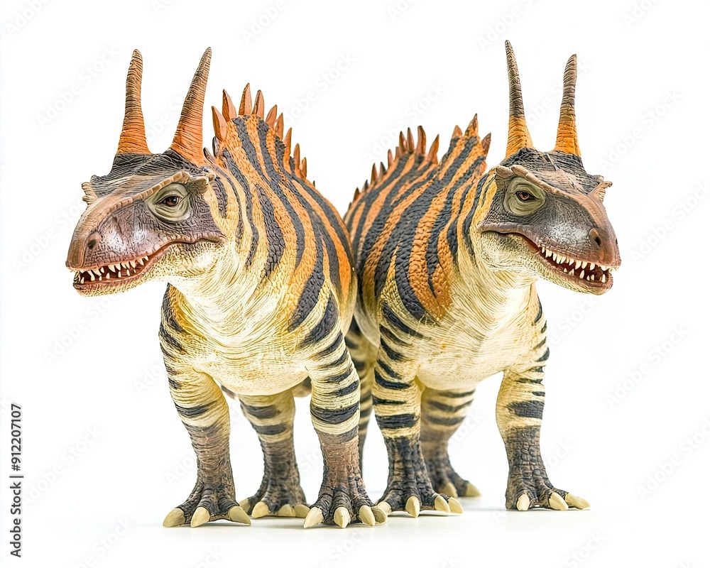 Two Yellow and Black Striped Dinosaurs with Long Horns Two Yellow and Black Striped Dinosaurs with Long Horns