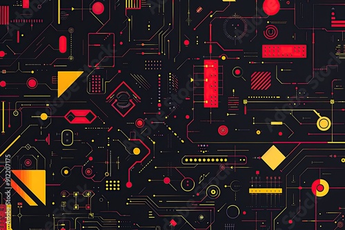 A dark background with various geometric shapes in red, yellow and black