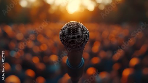 close-up of a microphone against a hazy backdrop of a sizable audience for a concert or political speech