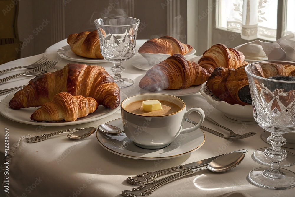 A table with a white tablecloth and a variety of pastries and coffee A table with a white tablecloth and a variety of pastries and coffee