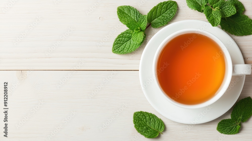 A cup of herbal tea, garnished with fresh mint leaves. Perfect for health and relaxation.