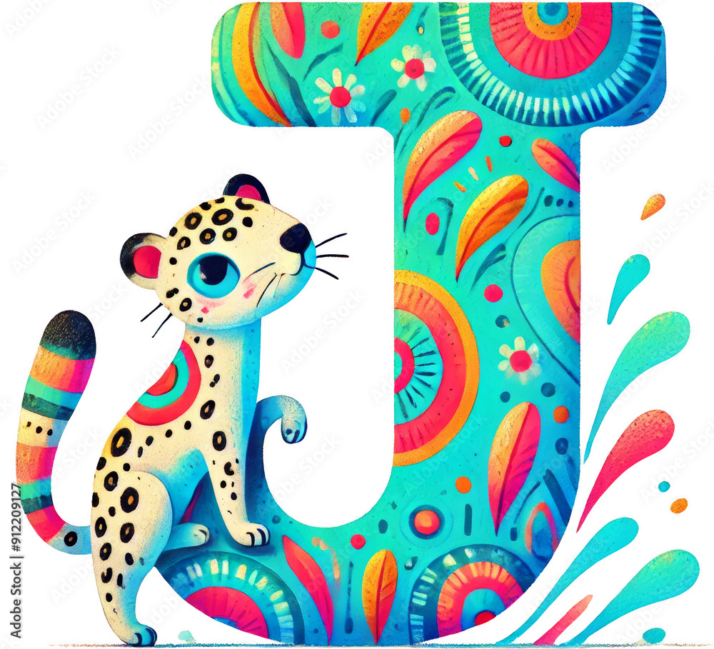 Letter J designed retro groovy font style vibrant watercolor with Jaguar.
