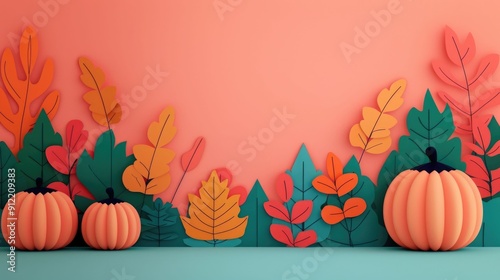 Vibrant and colorful autumn festival scene with an arrangement of fall leaves pumpkins and other seasonal elements in a stylized background