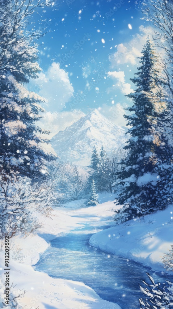Fototapeta premium Frostbound Enchantment: An Exquisite Hand-Drawn Image of Tranquil Nature on a Snow-Covered Earth, Welcoming the Winter Temptation with Vividness and Cozy Comfort in Anime Style.
