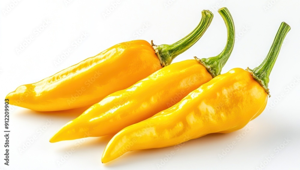 Three Vibrant Yellow Peppers on White Background Three Vibrant Yellow Peppers on White Background
