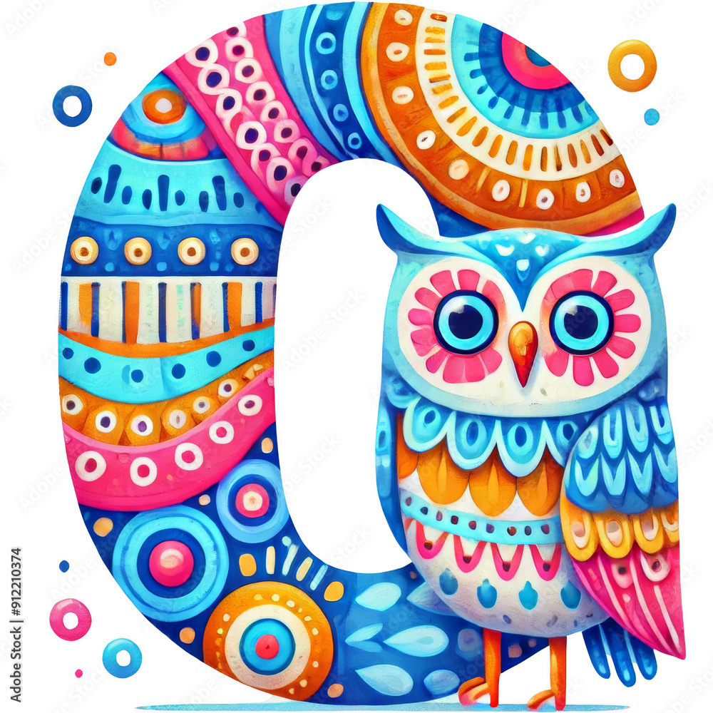 Fototapeta premium Letter O designed retro groovy font style vibrant watercolor with owl.