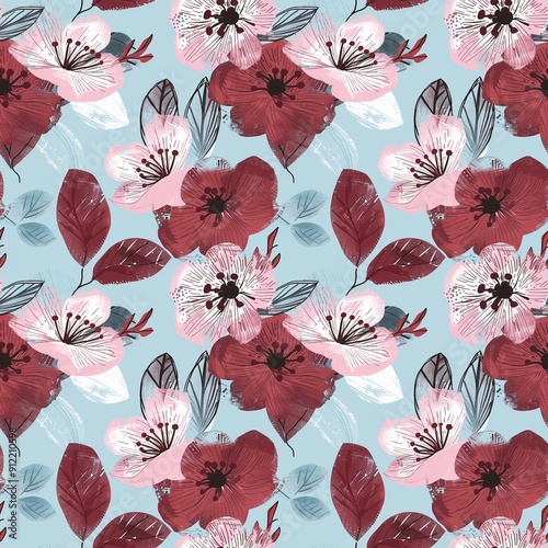 The pattern is in the form of a cherry blossom, with a pale blue background and burgundy and pink flowers. The design uses flowers of different sizes, creating an elegant seamless floral print.