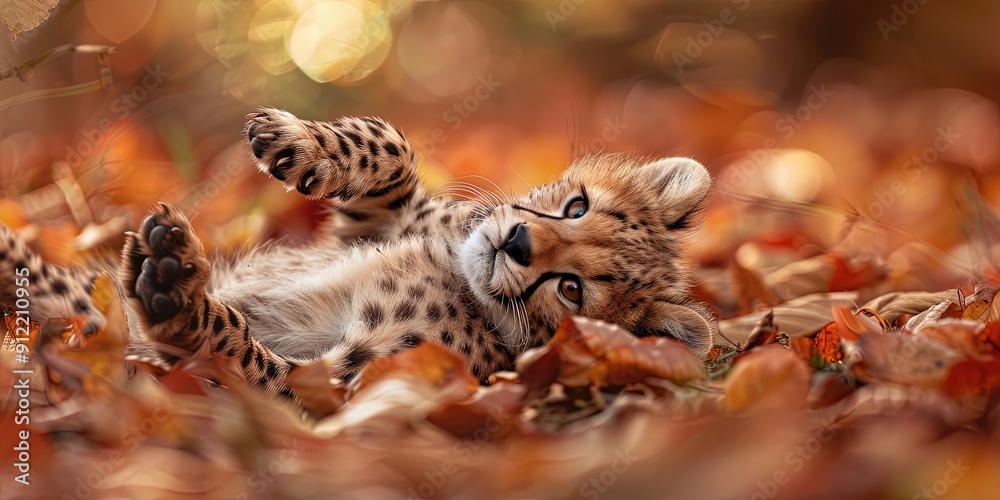Obraz premium majestic adorable baby cheetah rolling in the autumn leaves 