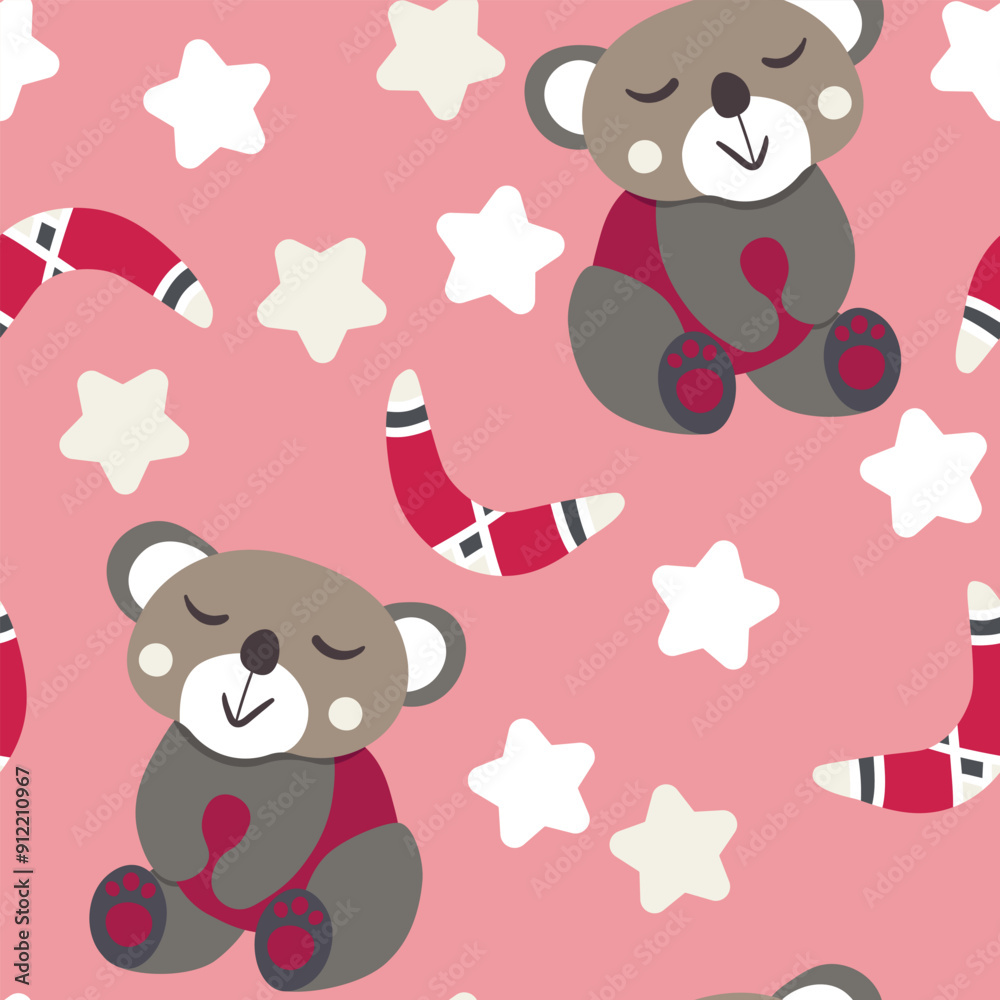 Obraz premium Seamless pattern with cute koala, bear baby on color background. Funny australian animals. Card for kids. Flat vector illustration for fabric, textile, wallpaper, poster, paper