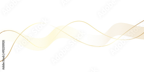 Abstract curved yellow lines on white. . Thin line wavy background. Abstract gold lines wave curve motion on white background. White abstract wave thin curved lines graphic for design.
