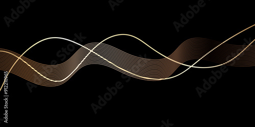 Abstract curved yellow lines on white. . Thin line wavy  black background. Abstract gold lines wave curve motion on black background. White abstract wave thin curved lines graphic for design.
