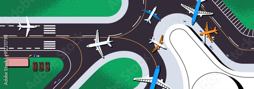 Airport runway with aircrafts top view. Aviation banner. Overhead of terminal for flight, landing and take off of airplanes. Airdrome with planes on airstrips background. Flat vector illustration