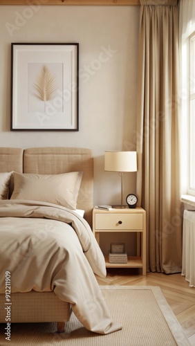 A cozy bedroom features a neatly made bed with beige bedding, including pillows and a throw blanket.